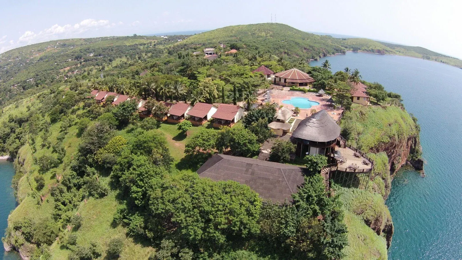 Aerial exterior of Kigoma Hilltop Hotel above Lake Tanganyika
