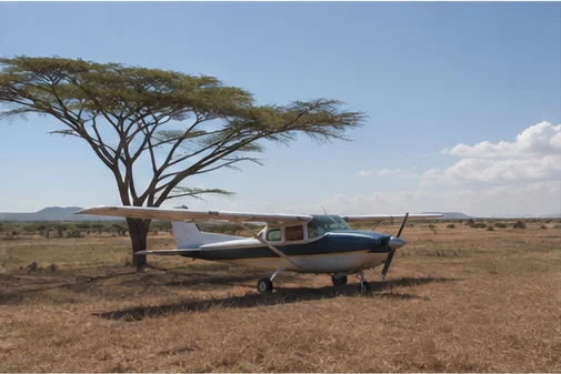 Light aircraft at a remote East African safari airstrip
