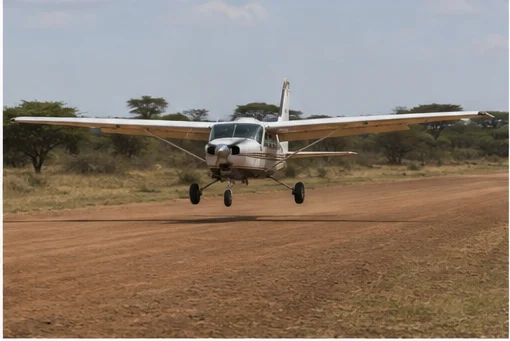 Light aircraft flying above East African savannah