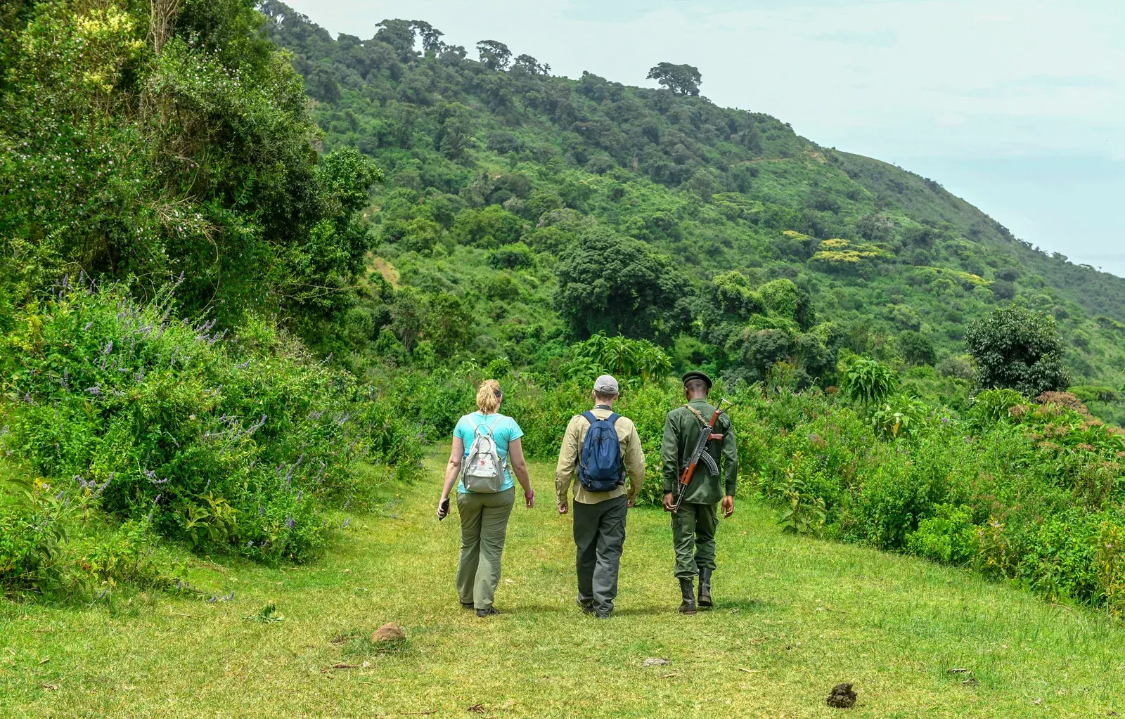Guests following a ranger on a Tanzania walking safari